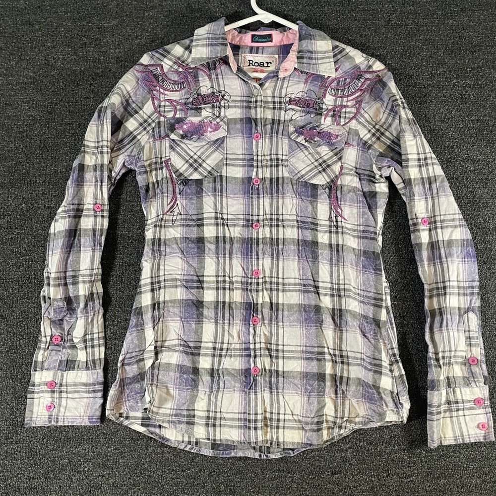 Roar Y2K Western Shirt Womens Small Purple Plaid Embroidered Sequin Positivity